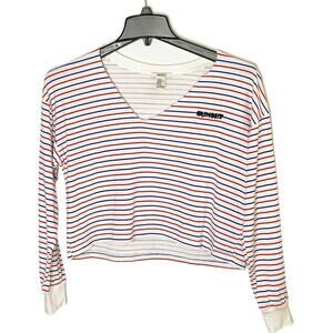 Forever 21 Striped V Neck Long Sleeve relaxed Crop T shirt White red sz m